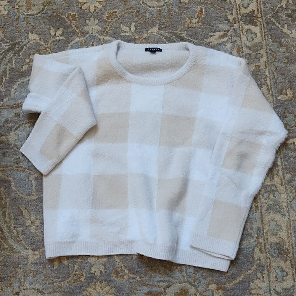 Tribal Buffalo Check Fuzzy Sweater Cream & Beige Pullover Size L